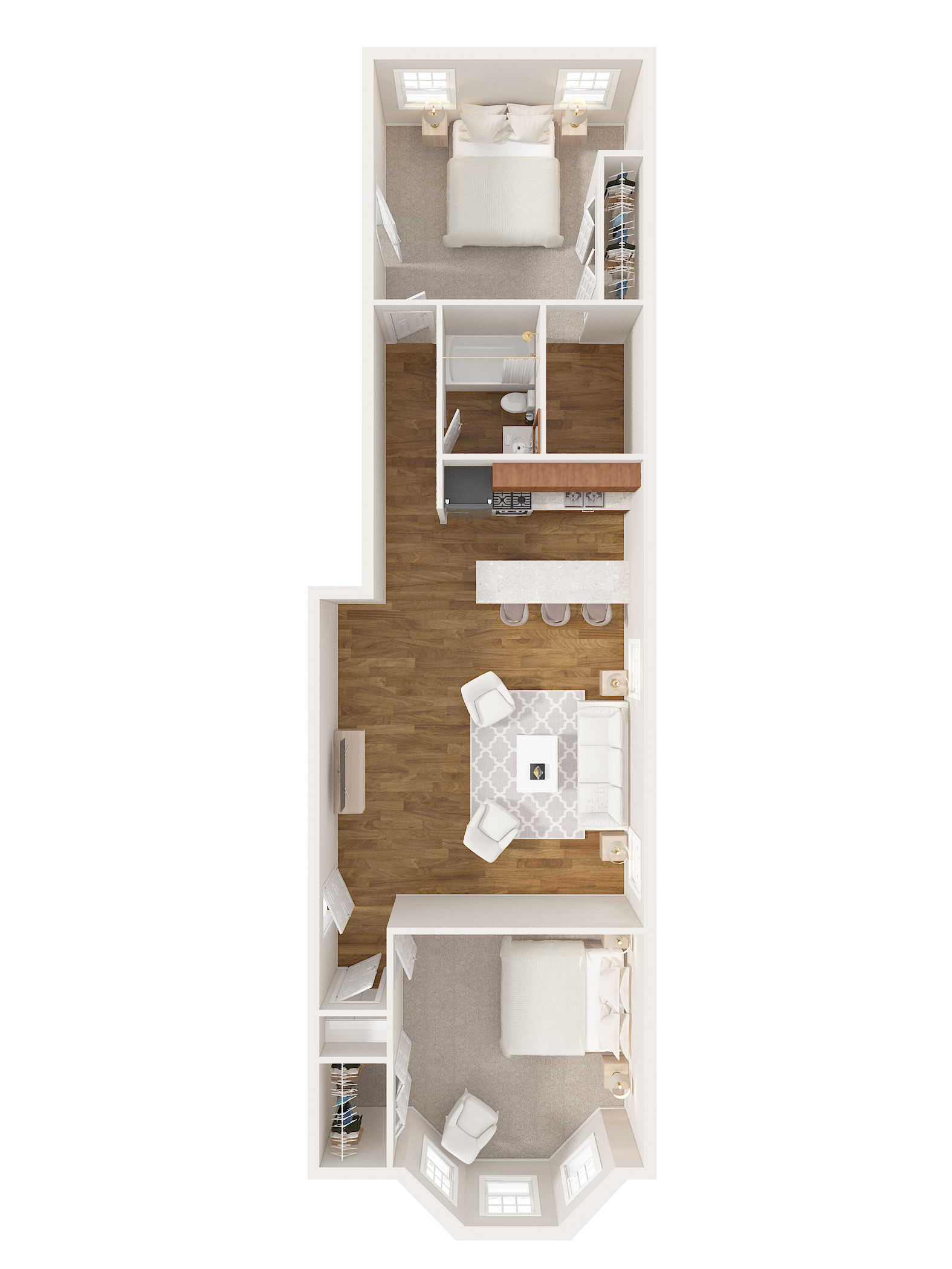 Floor plan of a narrow two-bedroom apartment with a kitchen, living room, and two bathrooms.