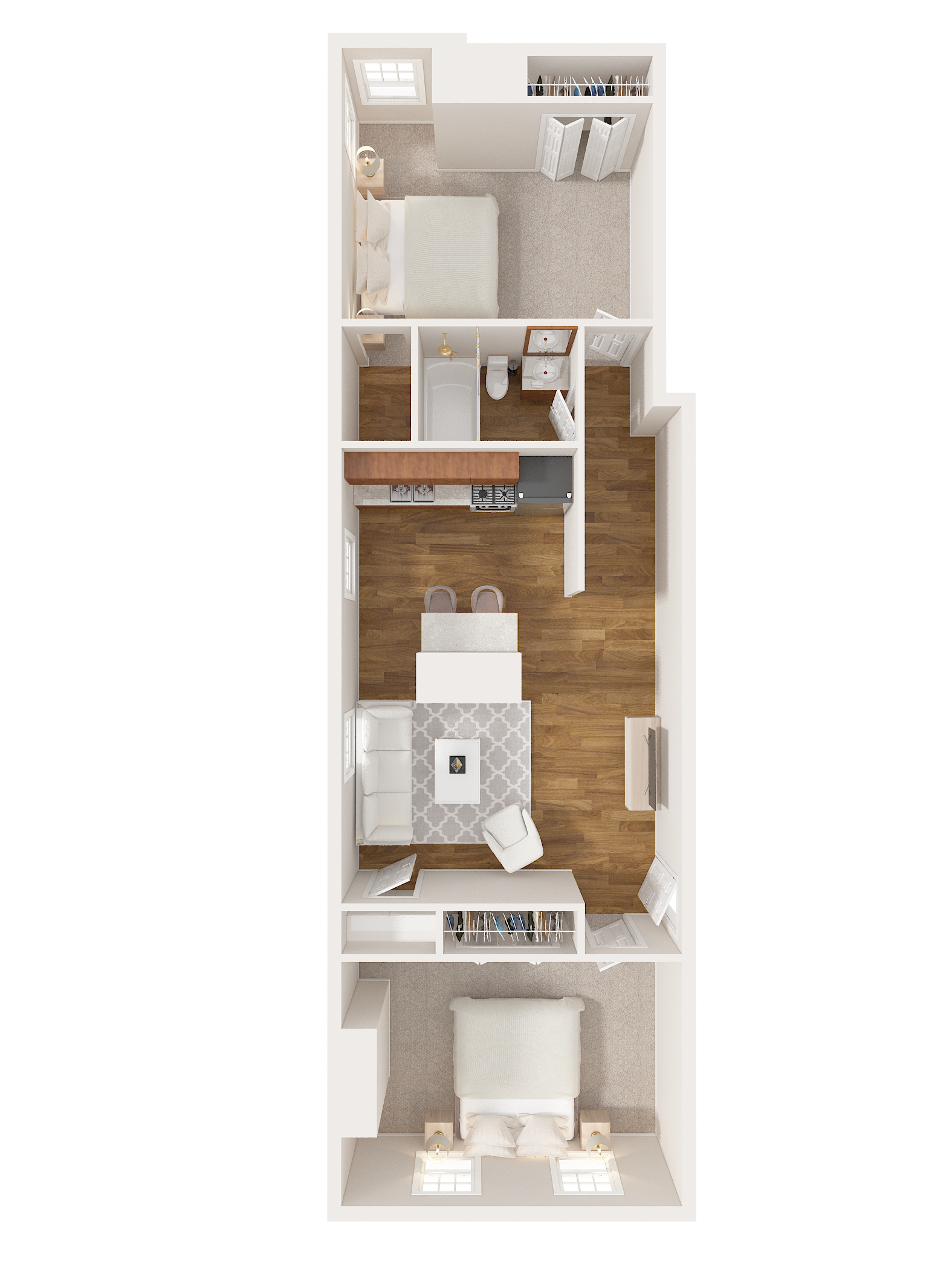 Floor plan of a narrow, long apartment: two bedrooms, a bathroom, a kitchen, and a living space with a small balcony.