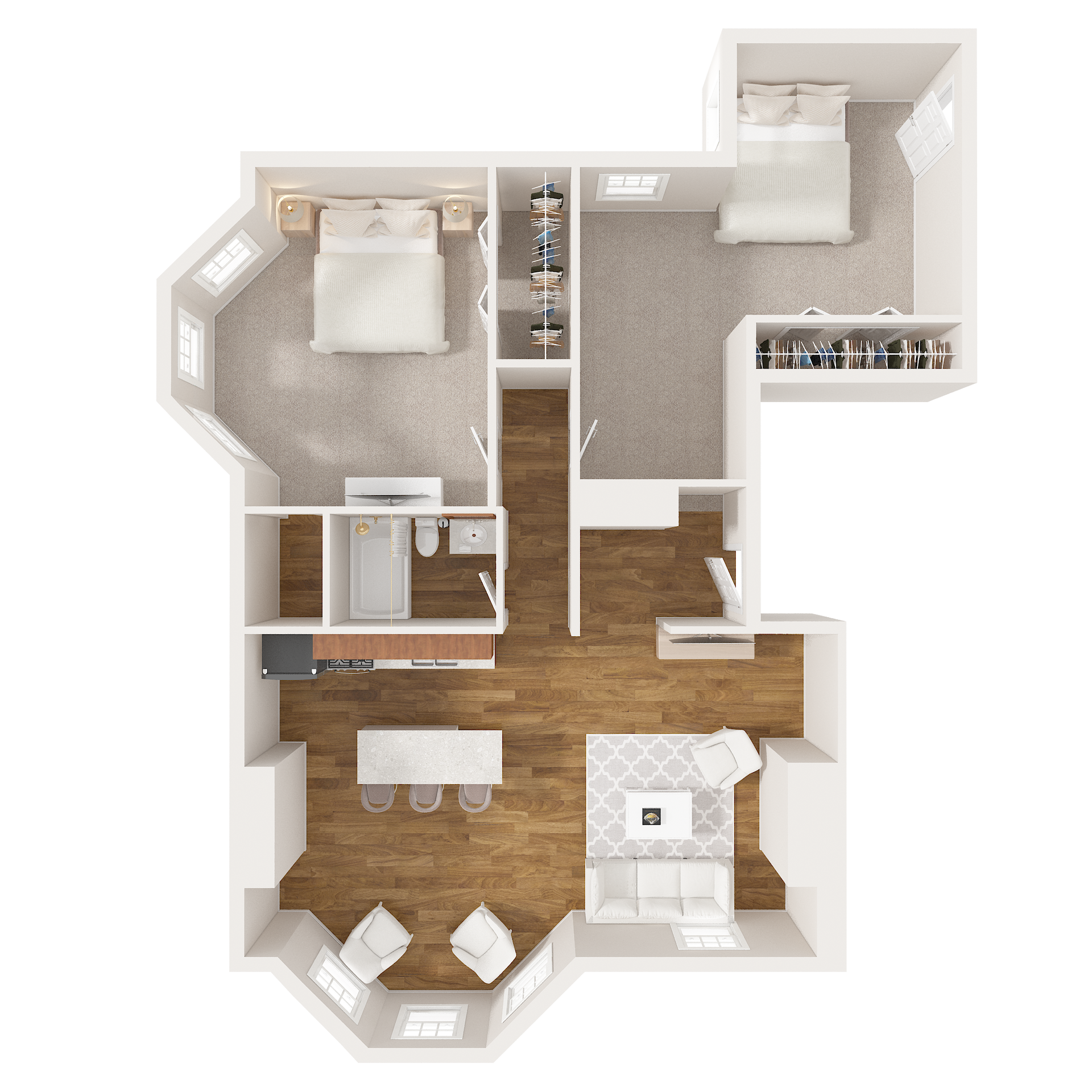 Floor plan of a two-bedroom apartment, with a kitchen, living room, and two bathrooms.