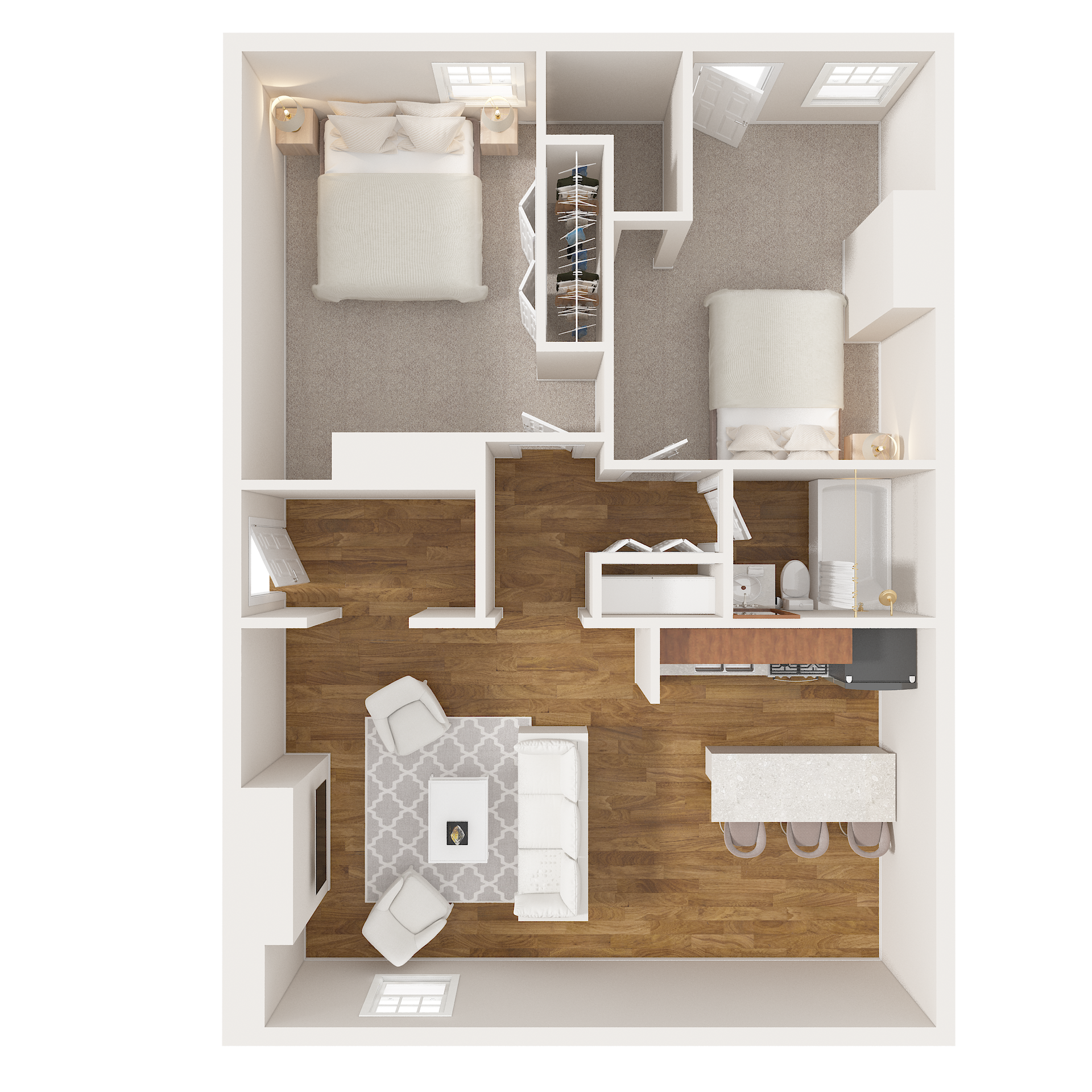 Floor plan with two bedrooms, living area, kitchen, and bathroom.