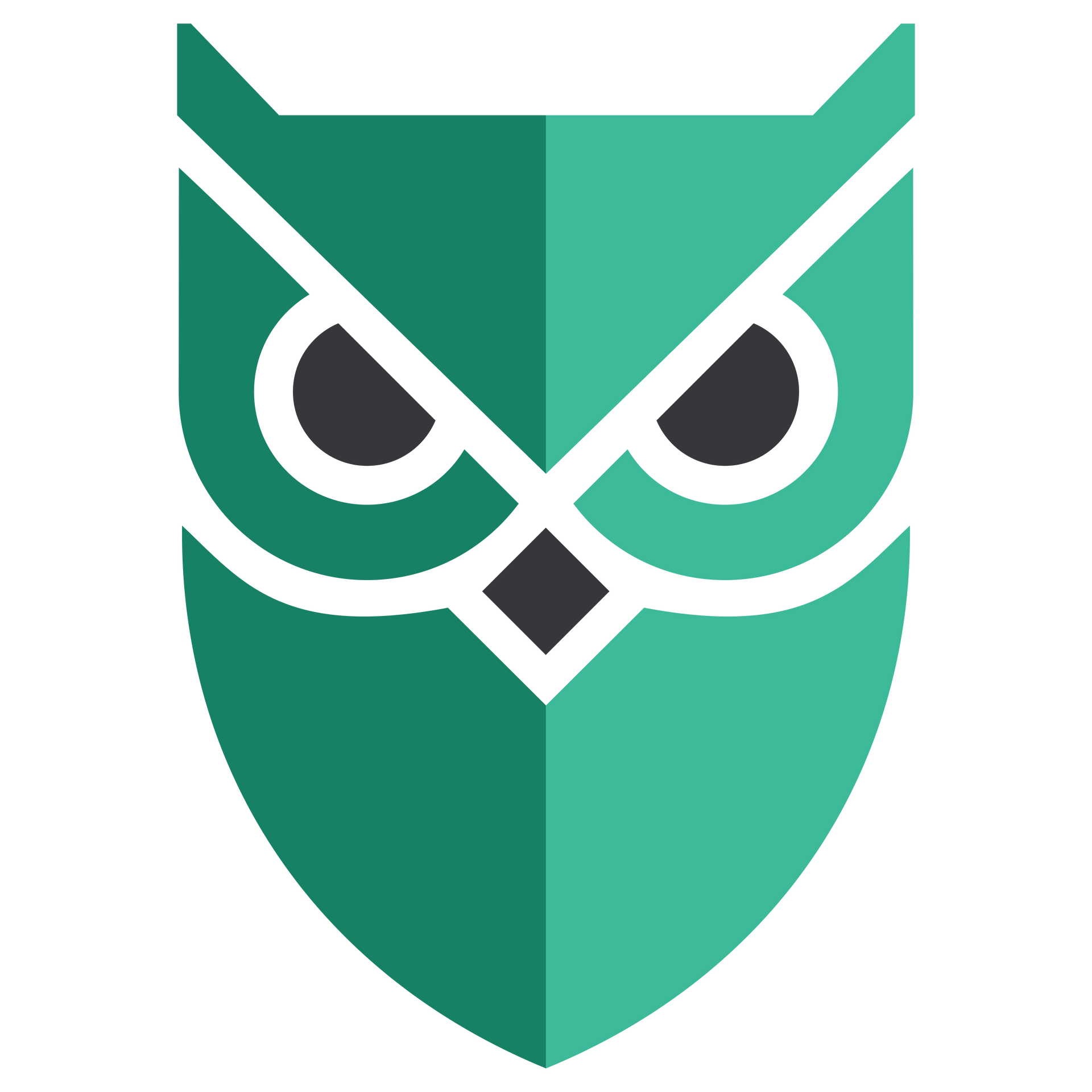 Green and teal owl icon with white outline.
