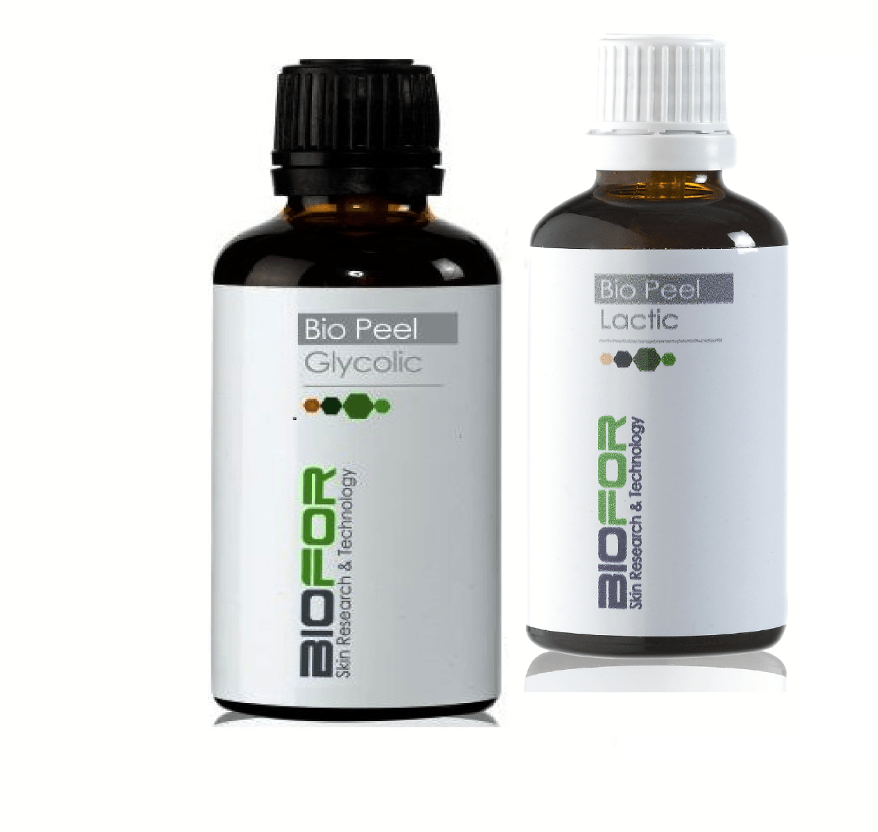 Two bottles of biofor glycolic and lactic on a white background
