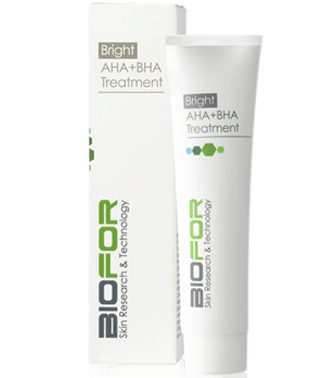 A tube of biofor bright aha + bha treatment