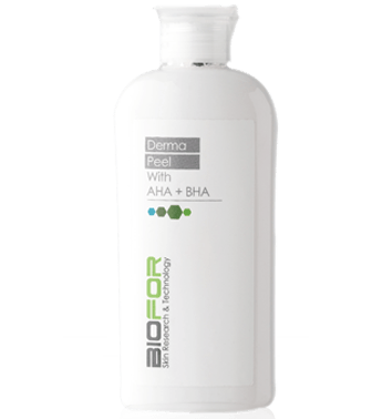 A white bottle of biofor derma peel with aha and bha