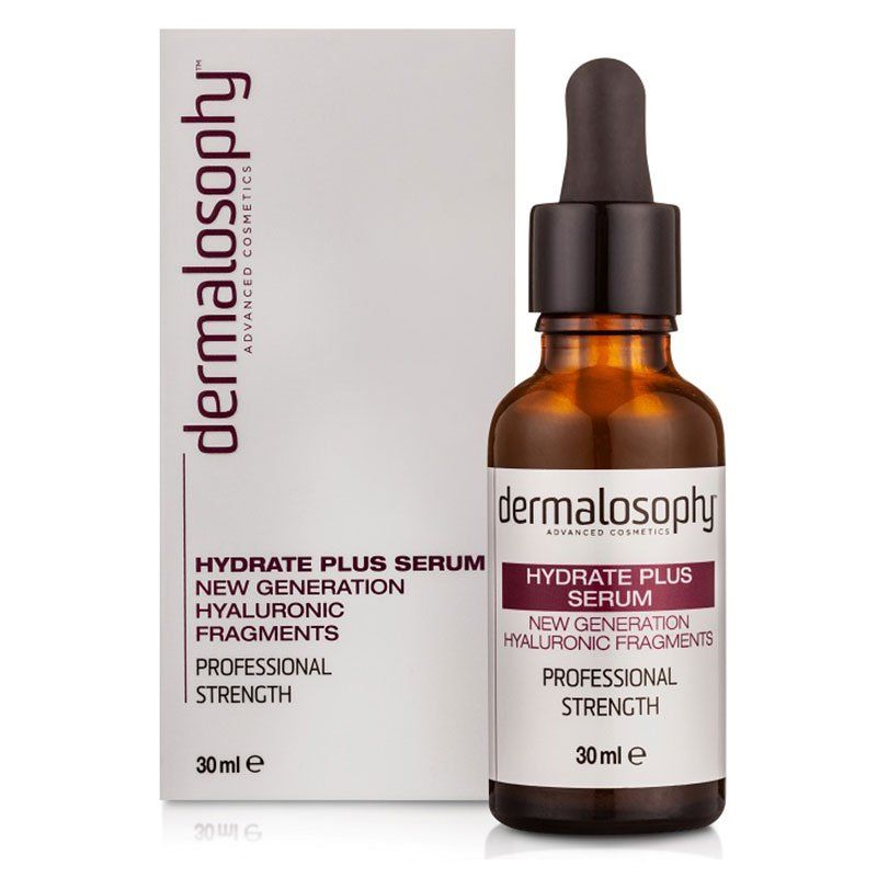 A bottle of dermalosophy hydrate plus serum next to its box
