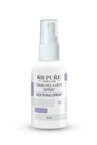 A bottle of kb pure skin relaxer spray on a white background.