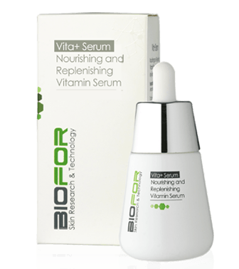 A bottle of biofor vitamin serum next to its box