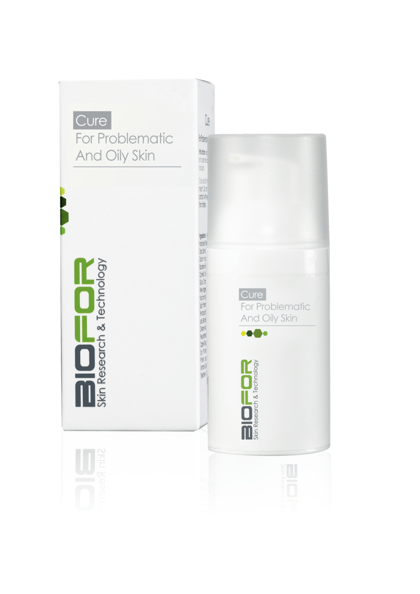 A bottle of biofor cosmetics next to a box on a white background.