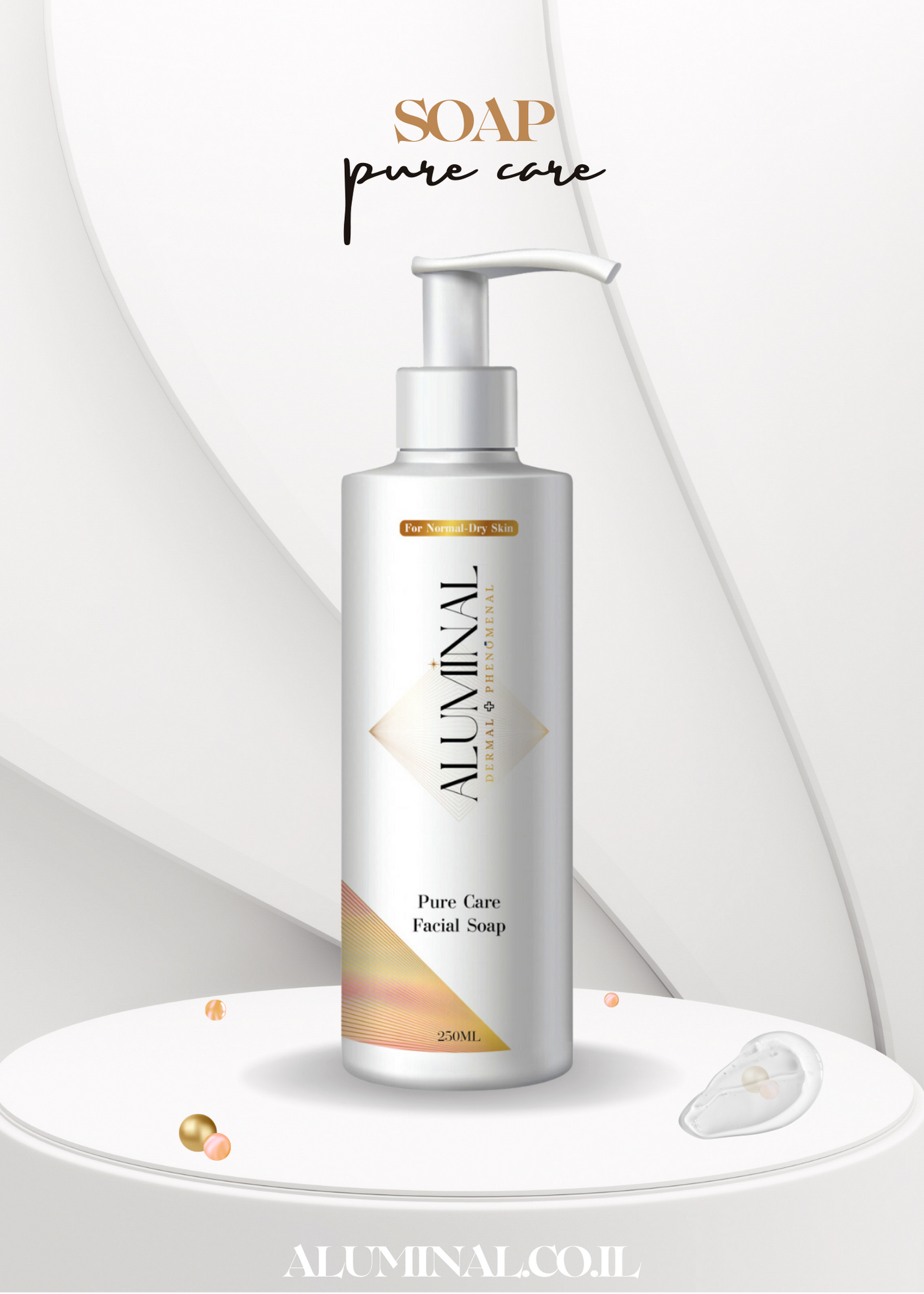 A bottle of soap is sitting on top of a white podium.