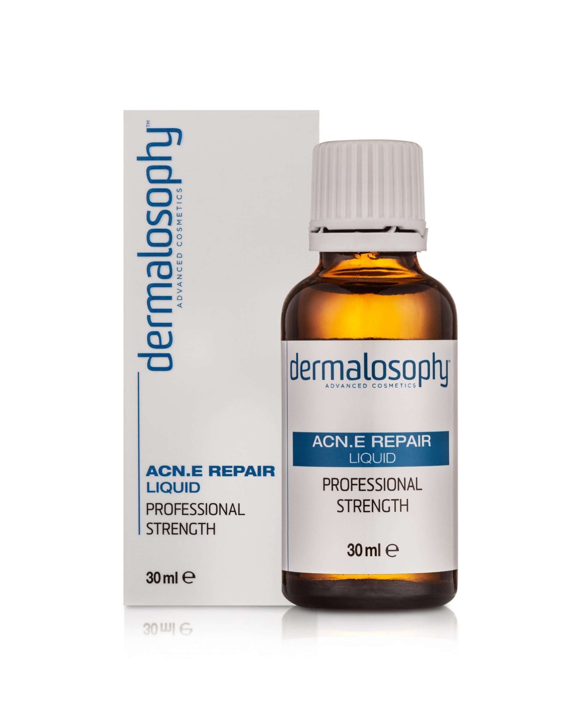 A bottle of dermalosophy acne repair liquid next to its box