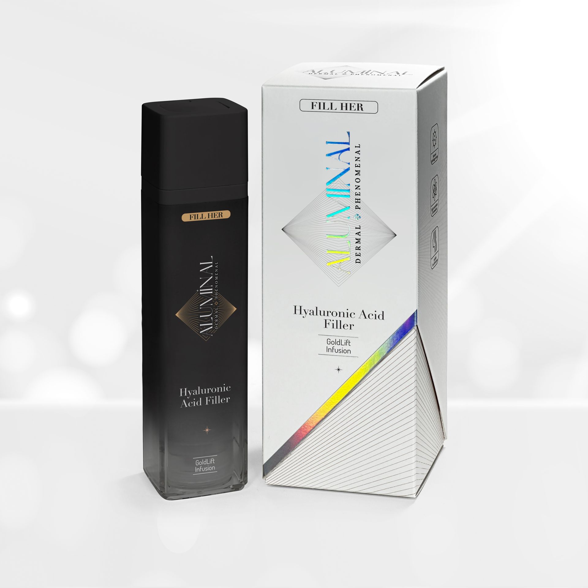 A black bottle of a product next to a white box