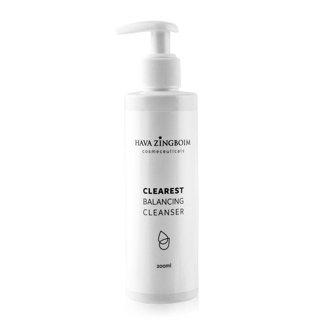 A bottle of clearest balancing cleanser with a pump on a white background.