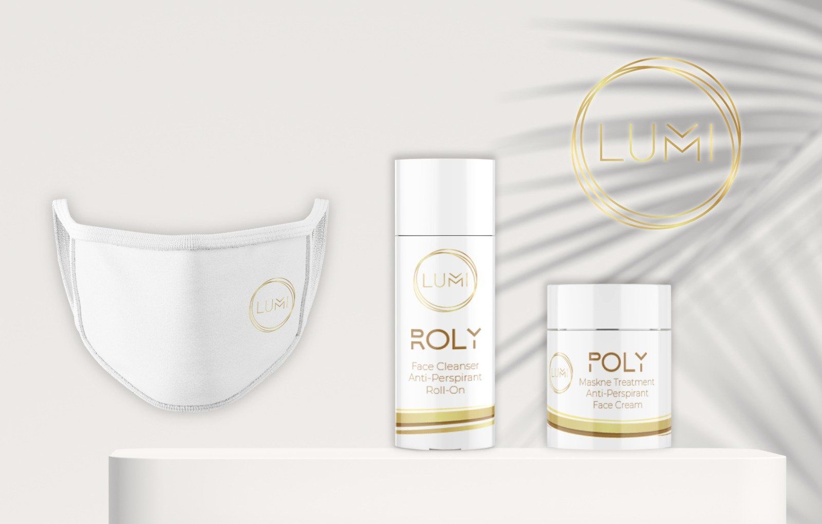 A white mask , a bottle of lotion , and a jar of cream are on a white podium.