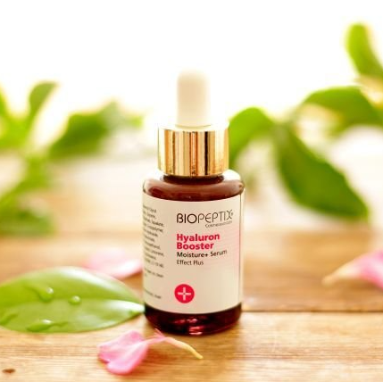 A bottle of biopeptix hyaluron booster moisturizing serum