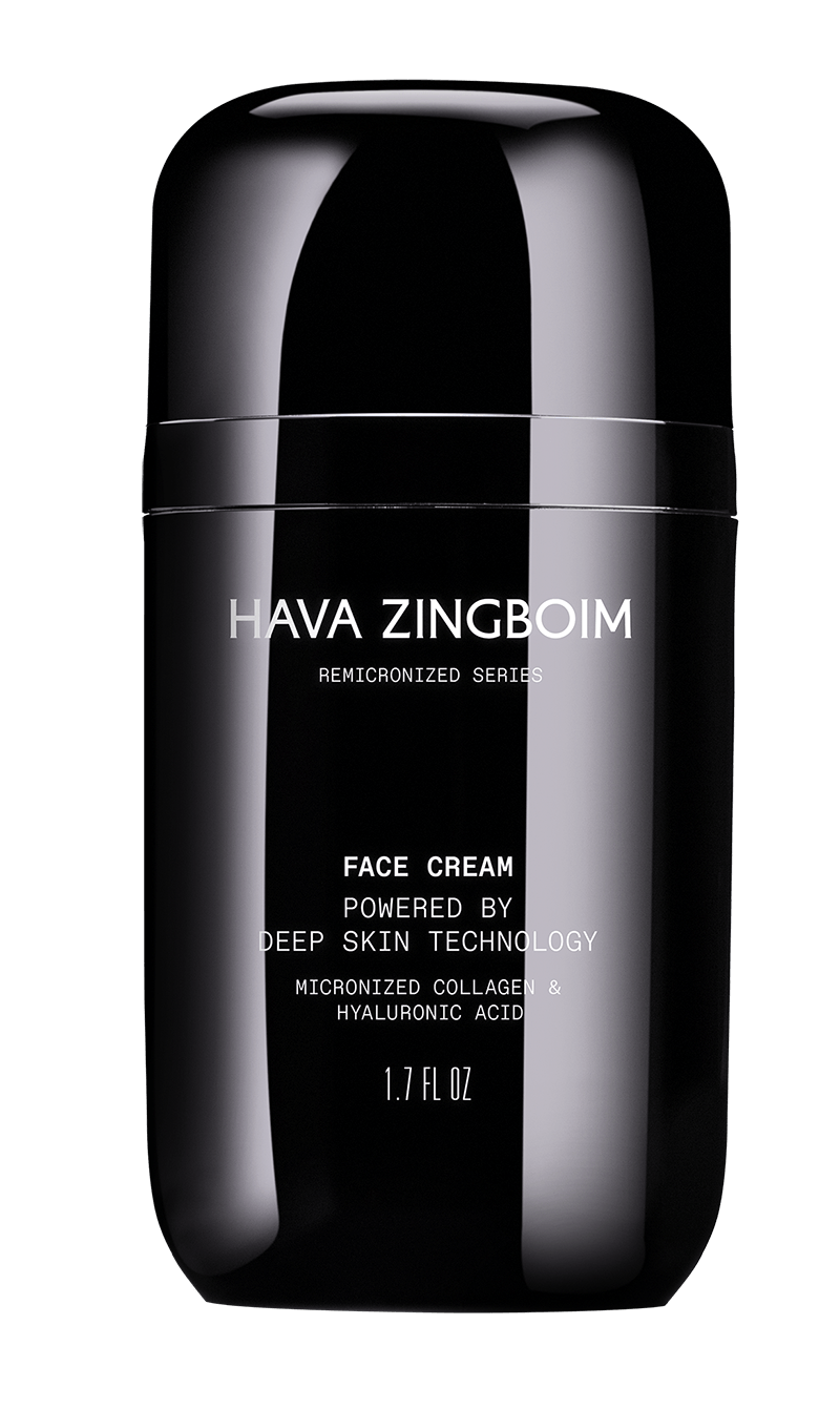 A black bottle of hava zingboim face cream on a white background.