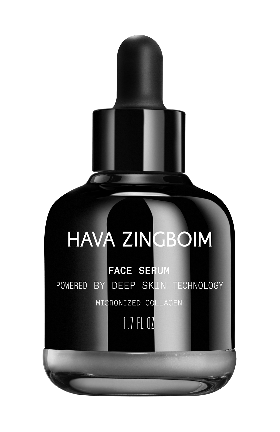 A black bottle of hava zincboim face serum with a dropper on a white background.