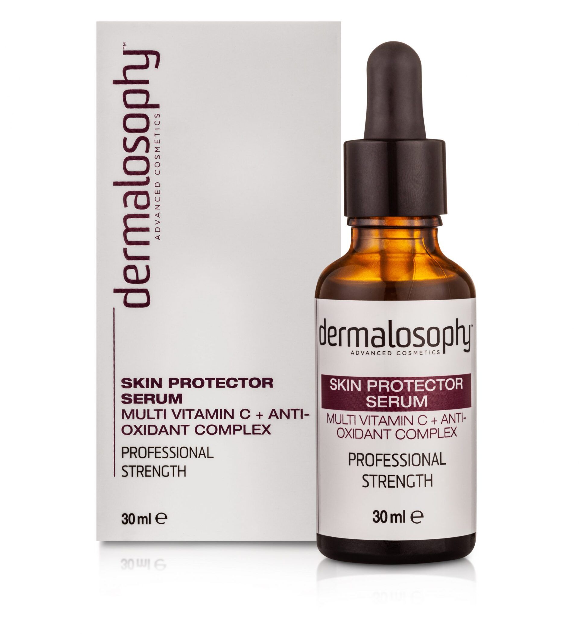 A bottle of dermalosophy skin protector serum next to a box