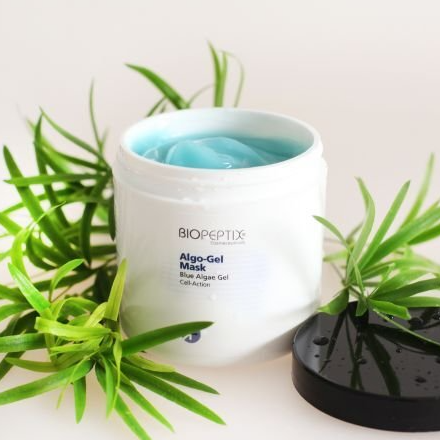 A jar of biopeptix algo gel mask surrounded by green leaves