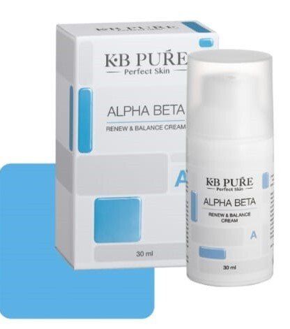 A bottle of kb pure alpha beta renew and balance cream