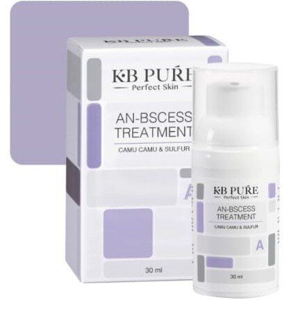 A bottle of kb pure an bscess treatment is next to a box.