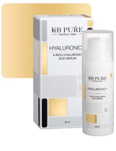A bottle of kb pure hyaluronic acid serum next to a box