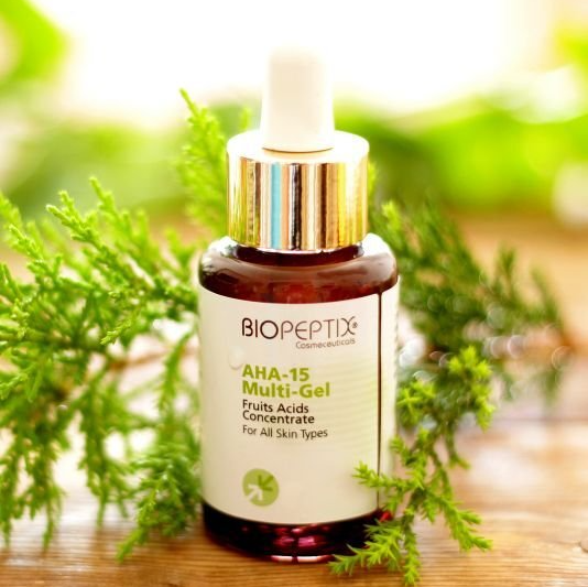 A bottle of biopeptix aha 15 multi-gel