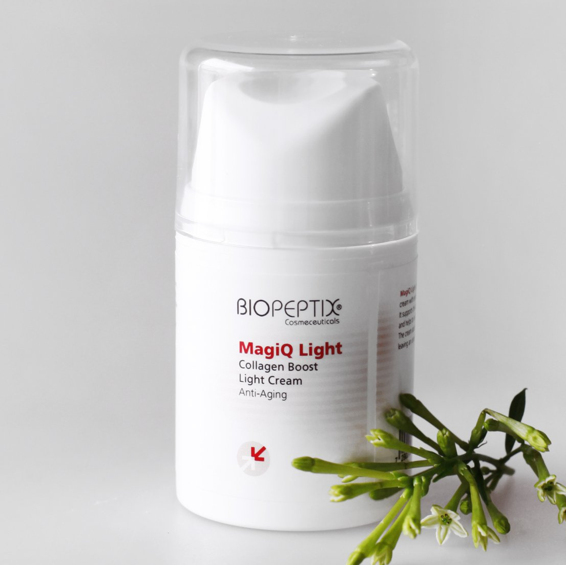 A bottle of biopeptix magic light light cream