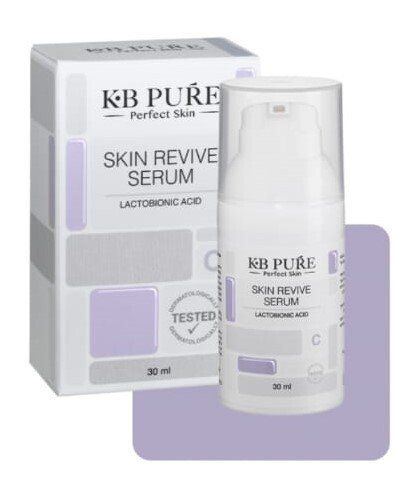 A bottle of kb pure skin revive serum next to a box