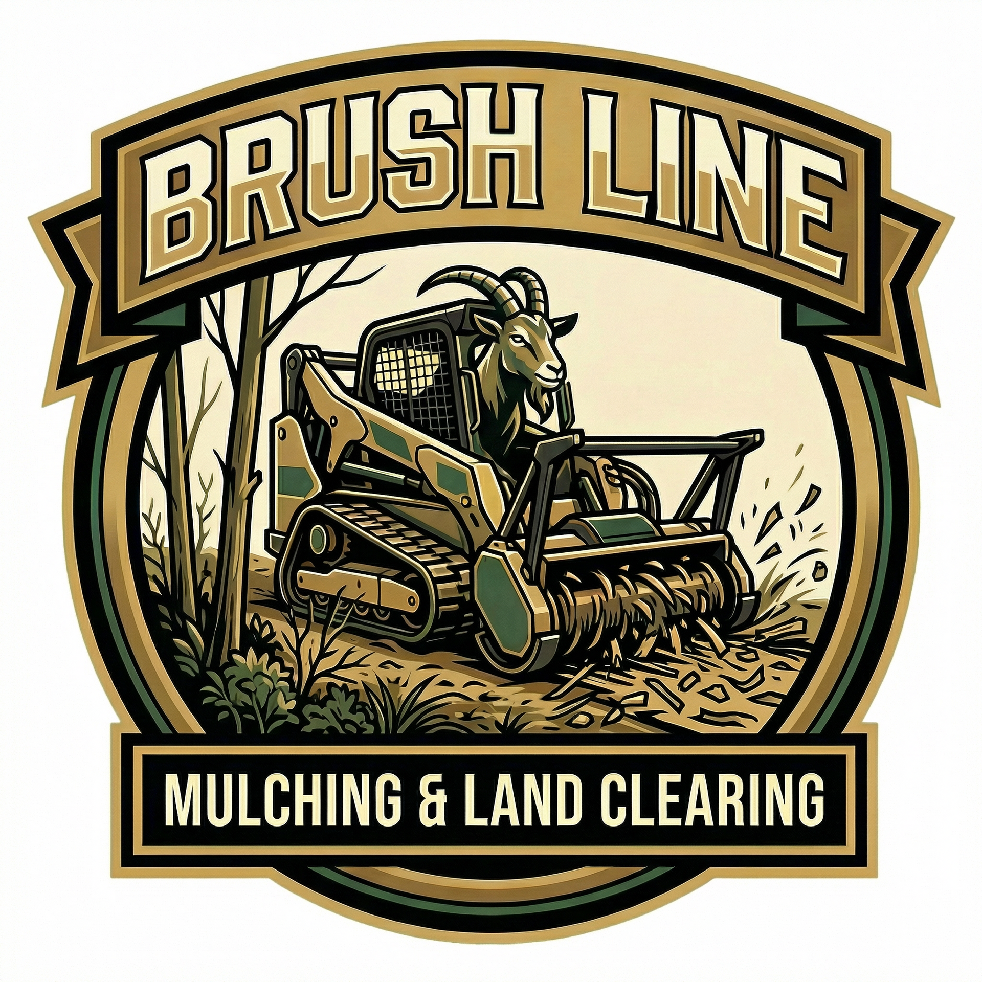 Brush Line logo with a skid steer clearing brush and the text &ldquo;Mulching & Land Clearing&rdquo;