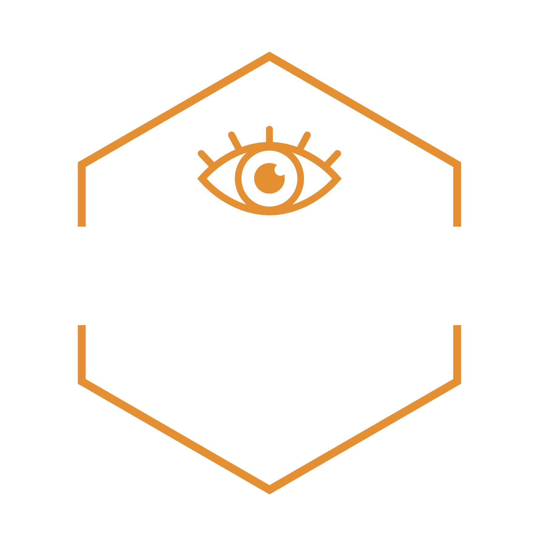Gold hexagonal frame with a line art eye at the top; blank space in the center.
