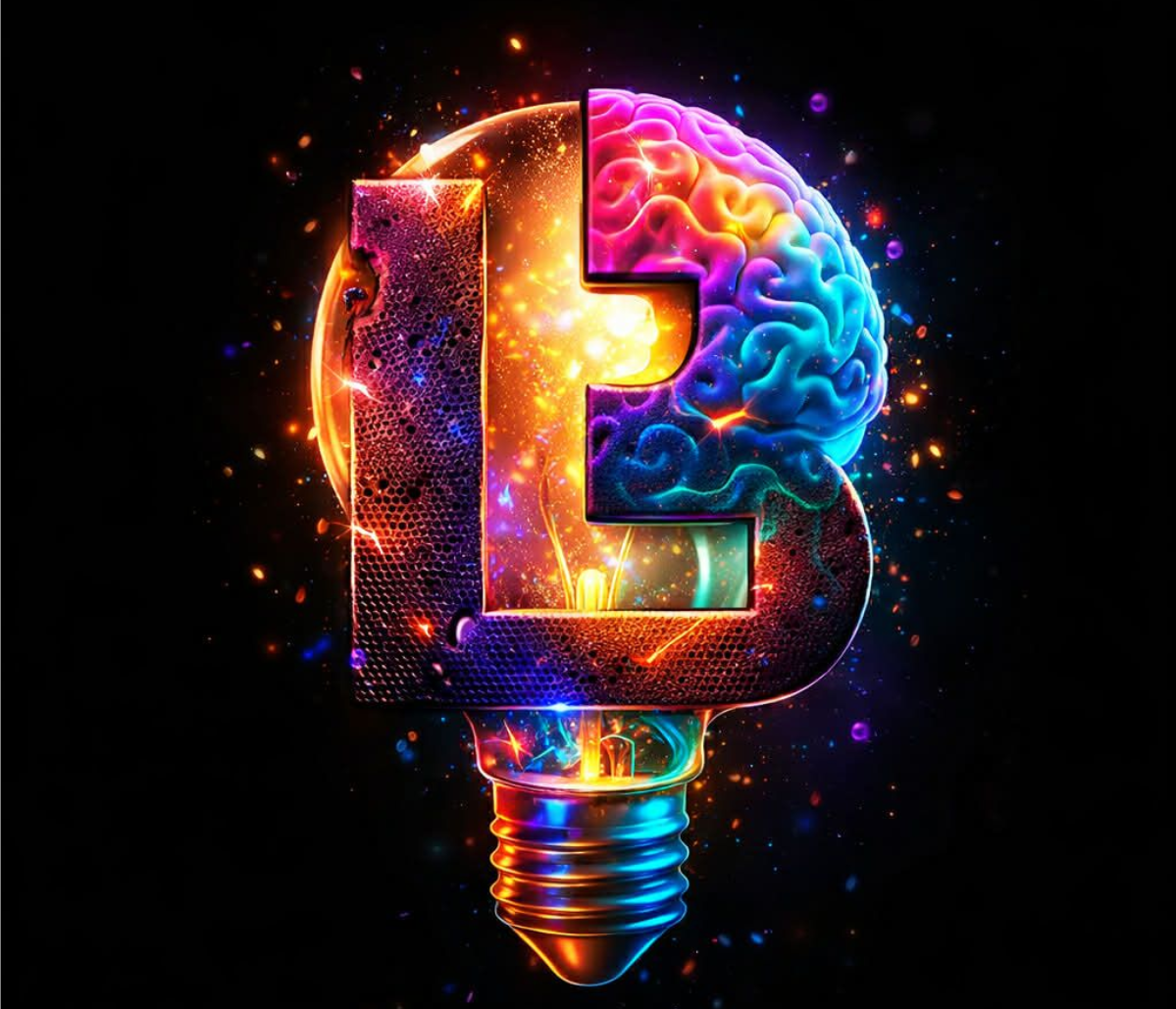A glowing lightbulb shaped logo with a brain on one side and the letter "E" cut out, set against a dark space background.