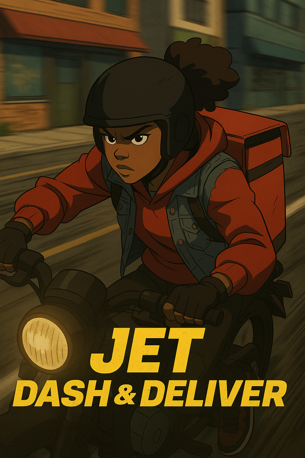 A person wearing a helmet and backpack on a motorcycle, the words 