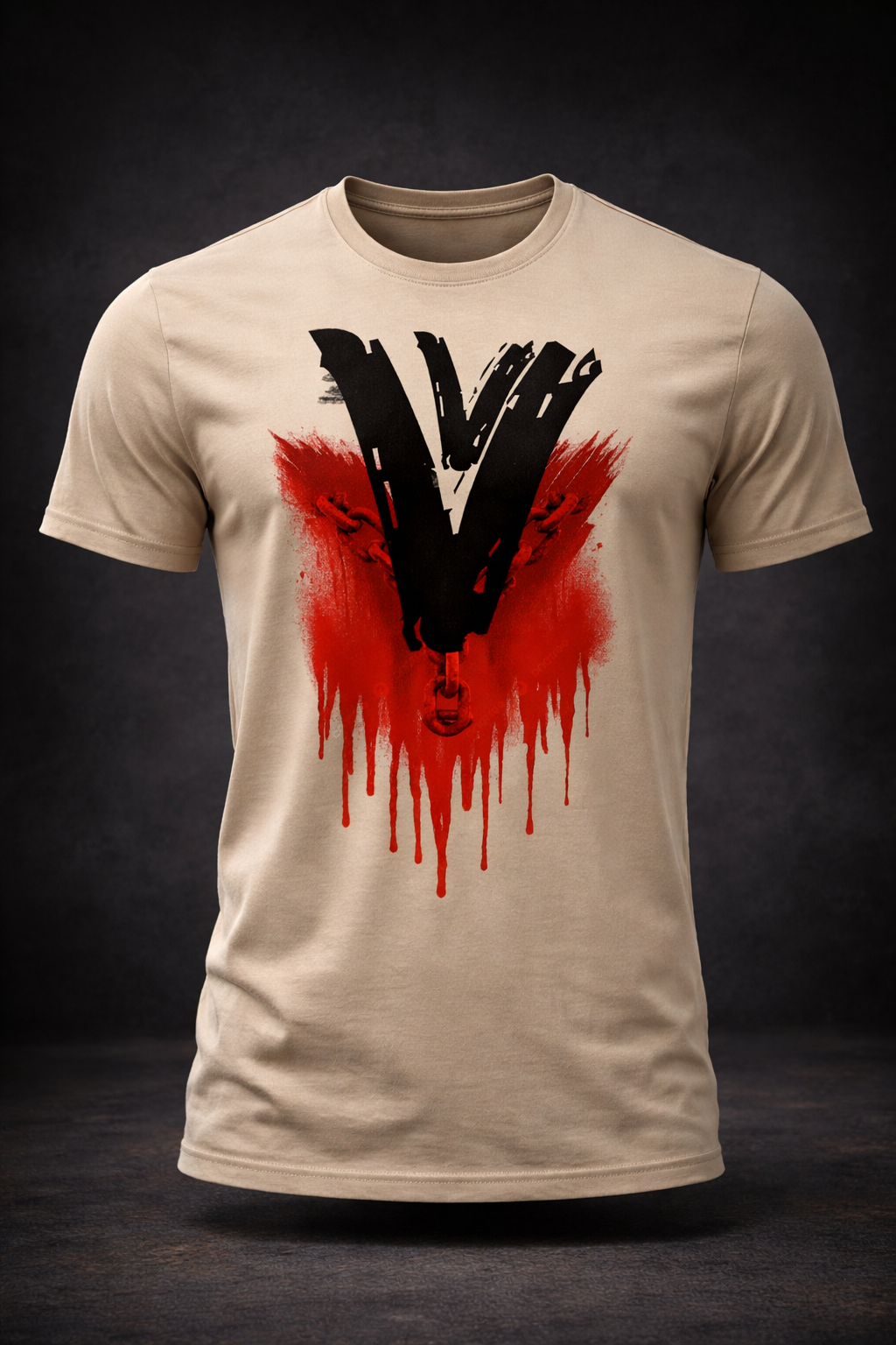 Tan t-shirt with black, brushstroke 