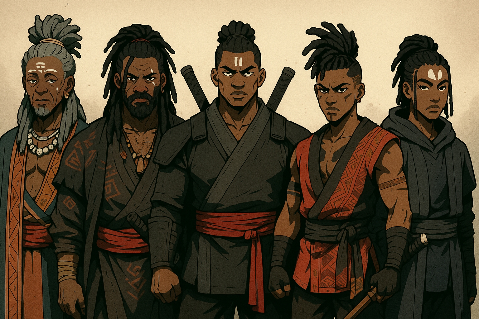 Five people in martial arts attire stand together, possibly warriors. 