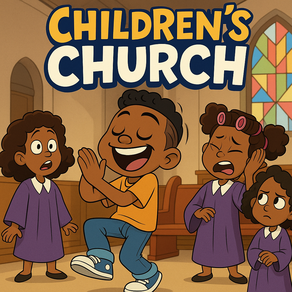 Cartoon of children in church. Boy clapping and smiling; other children look surprised, sad, and annoyed.