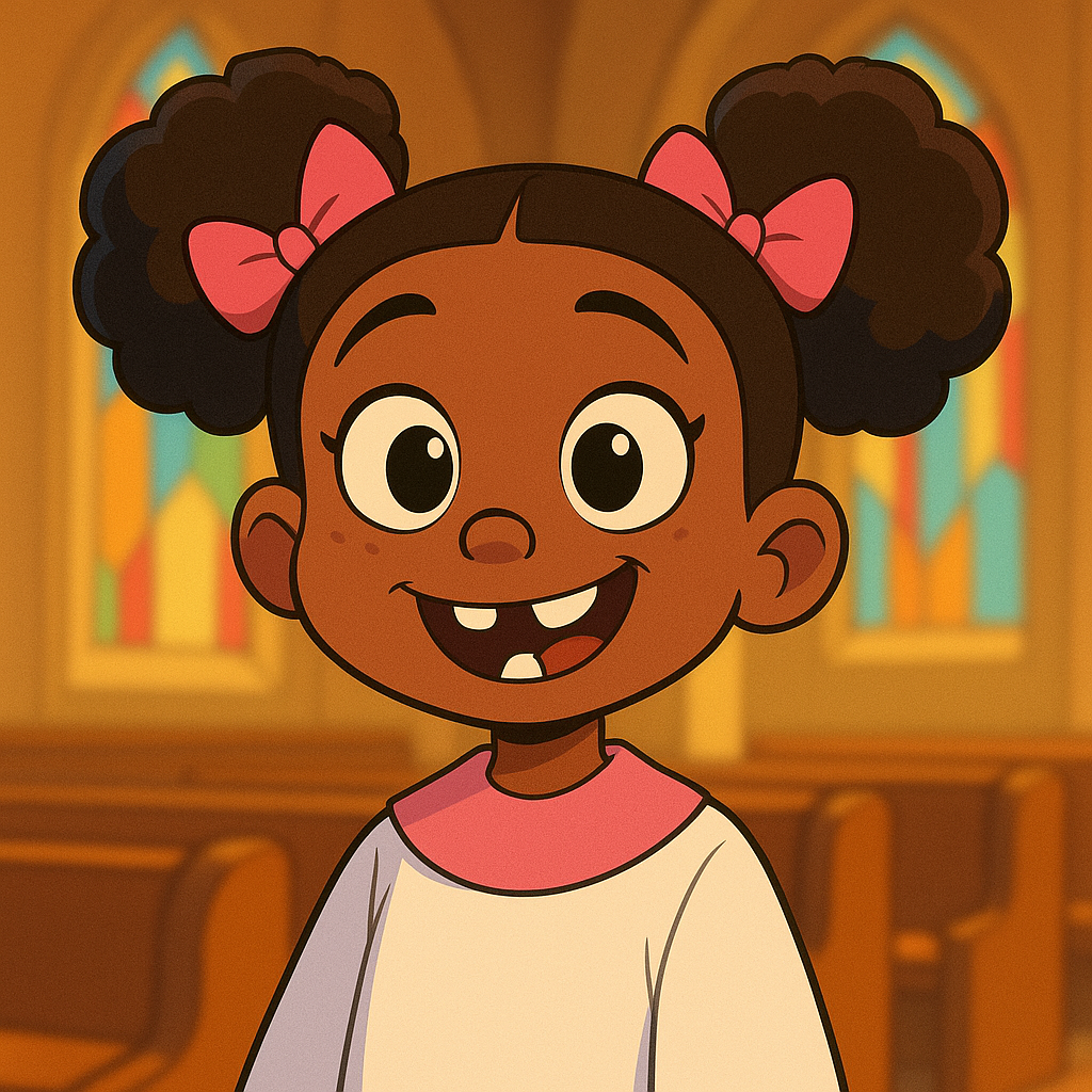 Smiling cartoon girl with dark curly pigtails and pink bows, inside a church.