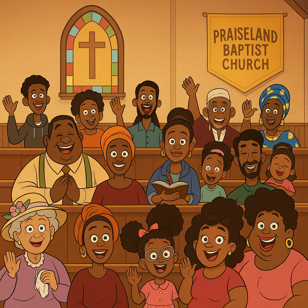 People waving in a church service at Praiseland Baptist Church.