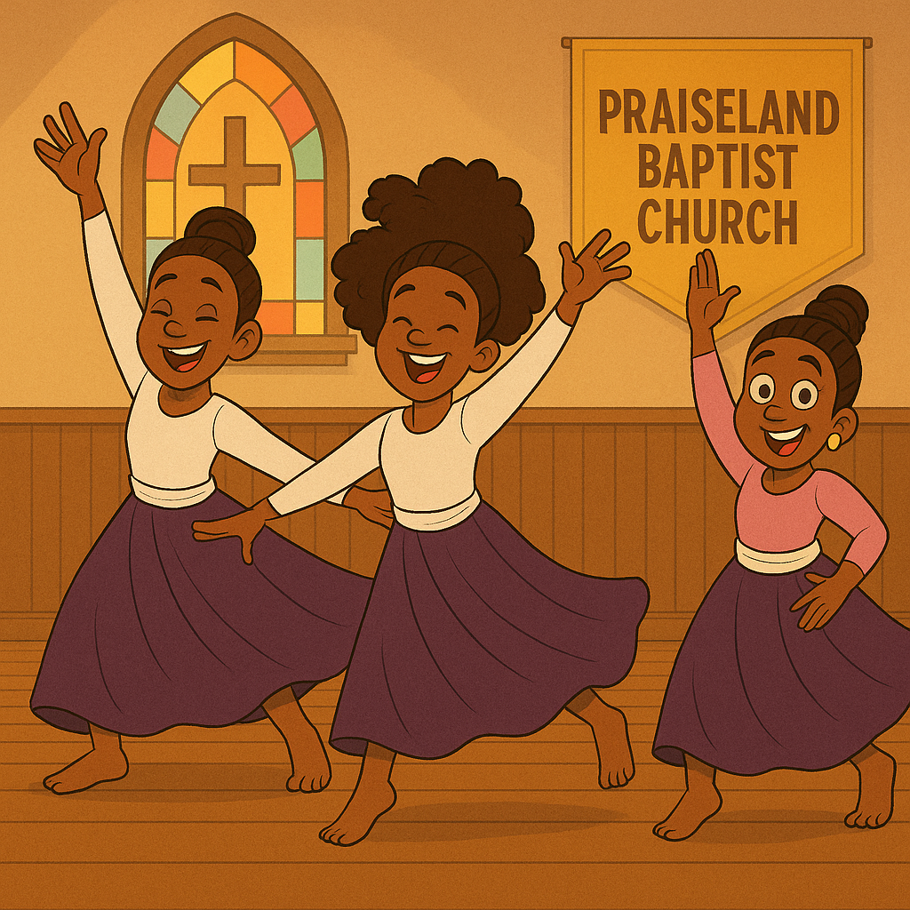 Three people dancing joyfully in a church. They wear white tops, purple skirts, and have brown skin.