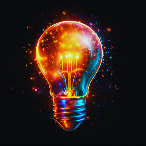 Glowing lightbulb, with fiery orange and blue hues on black background.