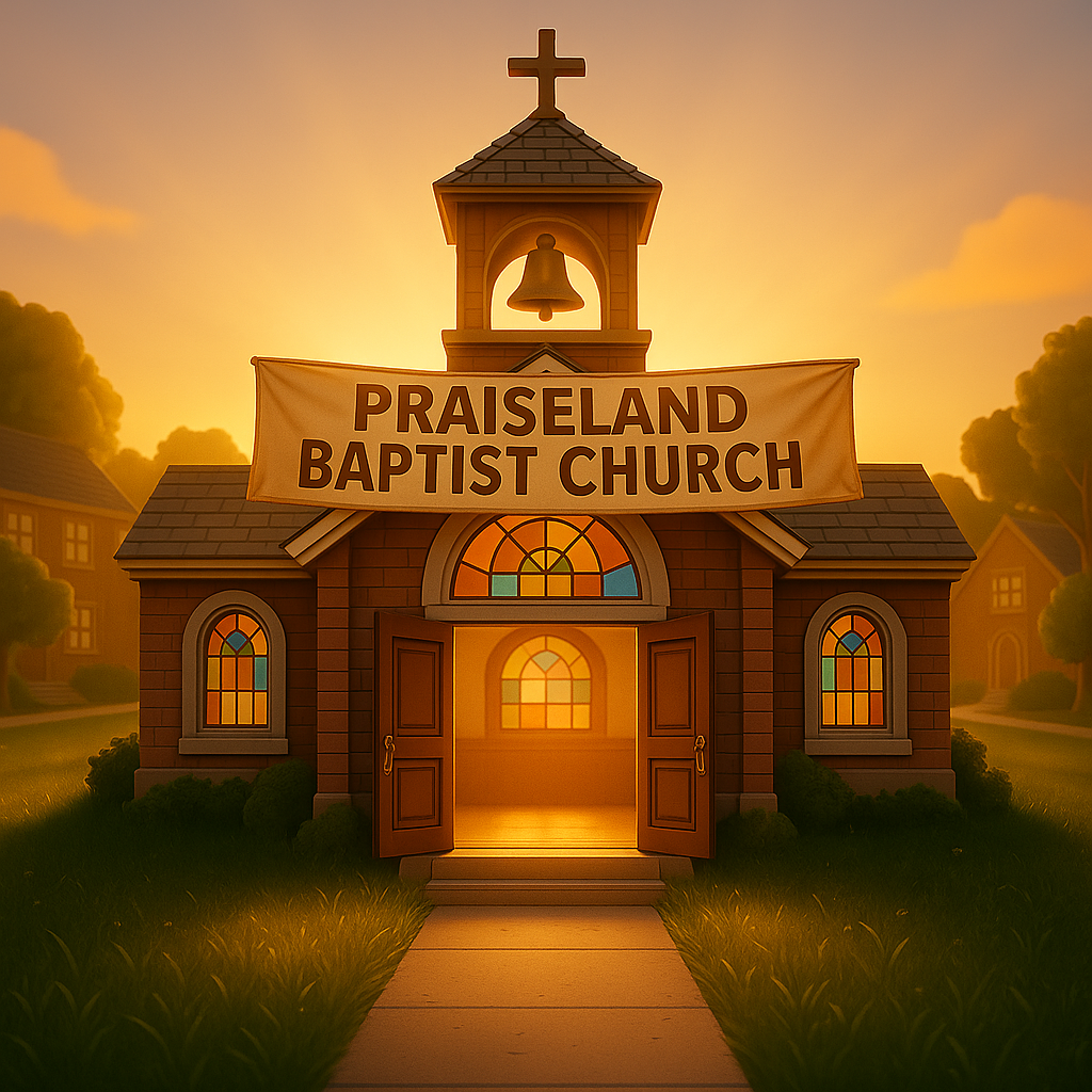 Praiseland Baptist Church, wooden building with open doors, banner, bell tower, and stained-glass windows at sunset.