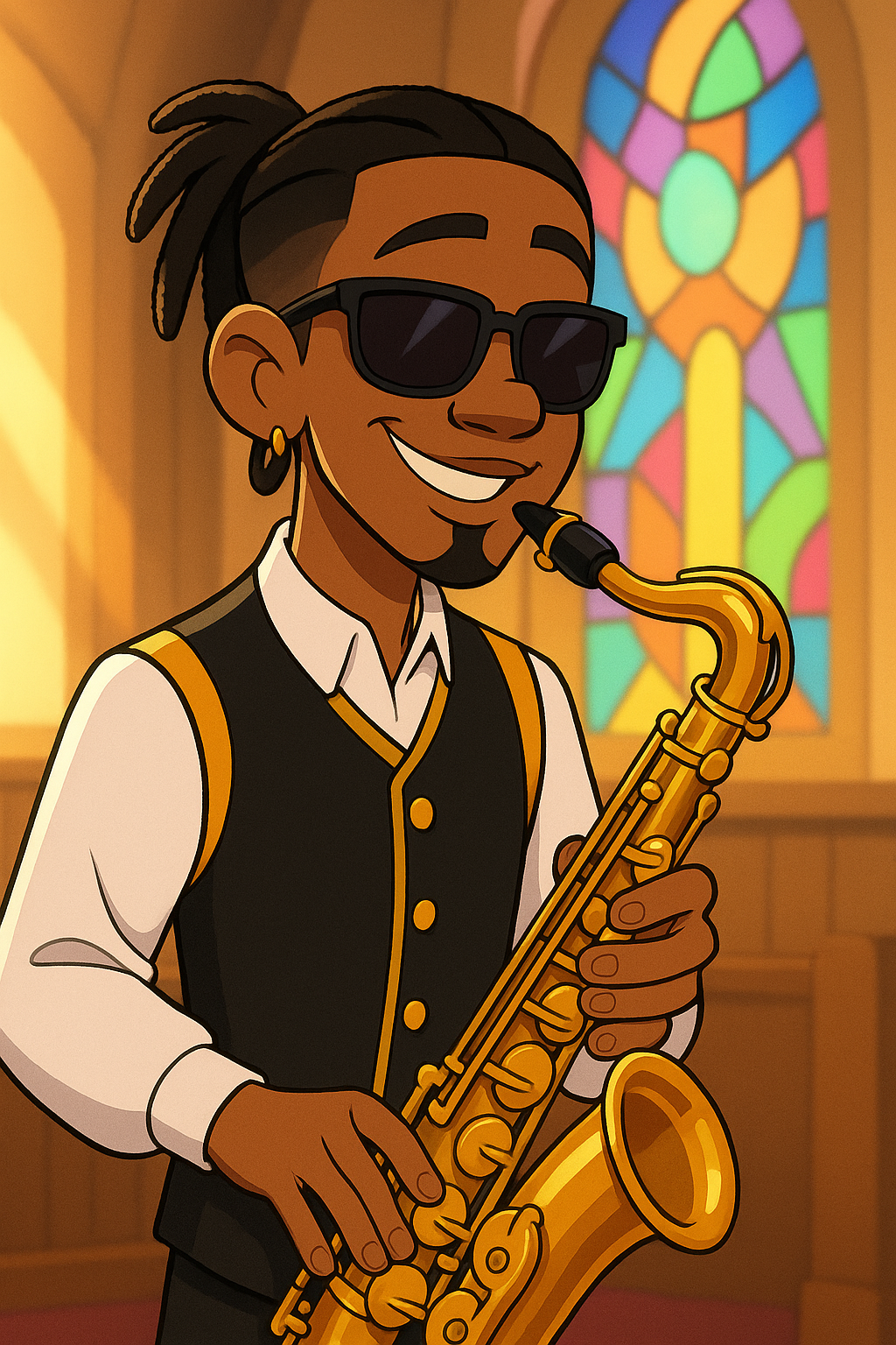 Man playing a saxophone, smiling, wearing sunglasses and a vest. Church setting with stained glass window.