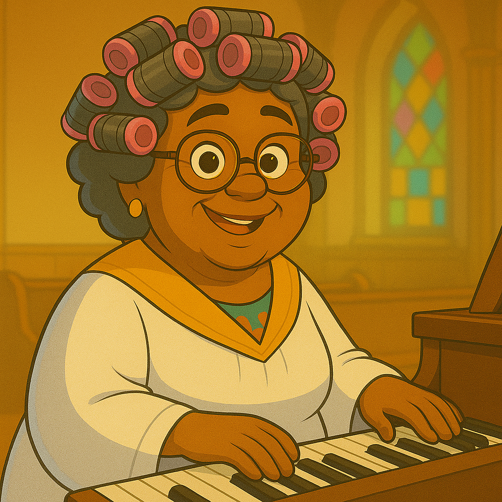 Woman with curlers, wearing glasses, plays the piano in a church. She smiles, with stained-glass window background.