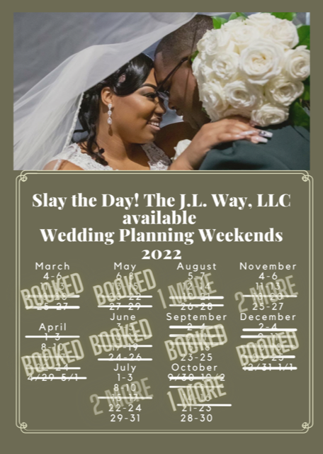 Wedding planning services flyer with bride and bouquet, listing 2022 weekend dates and booking info