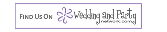 Find Us On Wedding and Party network.com logo with purple flower icon and gray text