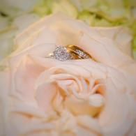 White rose with silver and gold wedding rings nestled in the petals