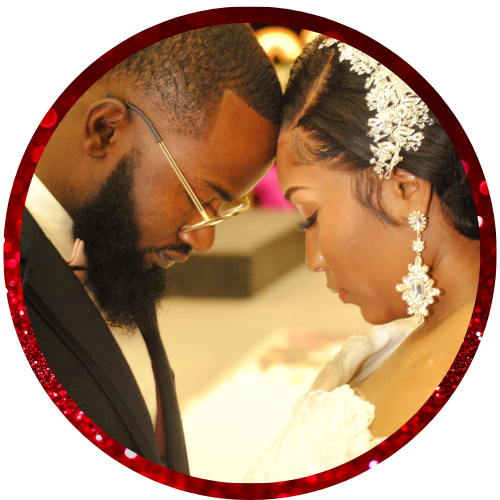 Two people gently touching foreheads in a warm, romantic close-up, framed by a red circular border