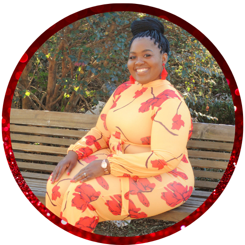 Smiling person in a yellow floral dress seated on a bench outdoors, framed by a red circle