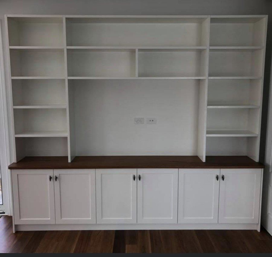 White Built-in Shelving Unit with Cabinets — Platinum Kitchens & Bathrooms in Nambucca Heads, NSW