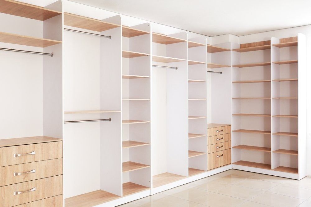 Built-in Closet with White and Wood-toned Shelving — Platinum Kitchens & Bathrooms in North Boambee Valley, NSW