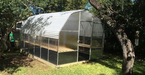A greenhouse is sitting in the middle of a lush green yard.